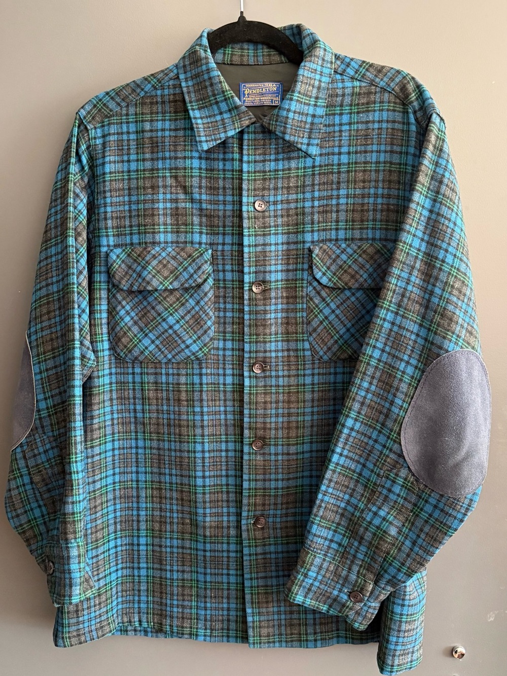 Vintage 1970s Pendleton Elbow Patch Board Shirt M Blue Plaid Wool Flannel USA